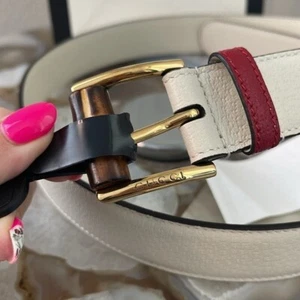 $1,285 New Authentic White GUCCI Belt GG LOGO Bamboo Red Details 90-36 - Picture 1 of 8