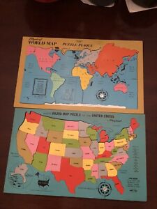 Vintage 1960’s Playskool World Map & United States Wood Puzzle Set of 2
