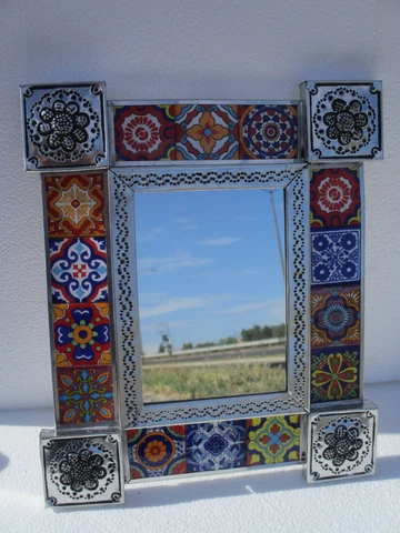 PUNCHED TIN MIRROR with mixed talavera tile mexican folk art 13" x 11" Cover