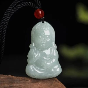 Natural Ice Green Jadeite Carved Charm Baby Buddha Lucky Pendant Amulet Necklace - Picture 1 of 11