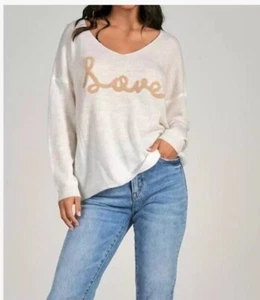 ELAN Cream "Love" Cursive Sweater In TAN Lettering Sz Med Boho Beach Cozy NWT - Picture 1 of 16