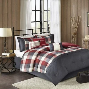 Red Gray Grey Ivory Buffalo Plaid Lodge 7pc Comforter Set Queen Cal King Bedding - Picture 1 of 9