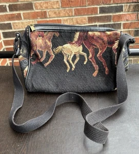 Borsa a tracolla in tessuto equestre nero con tracolla stampa cavallo borsetta - Foto 1 di 5