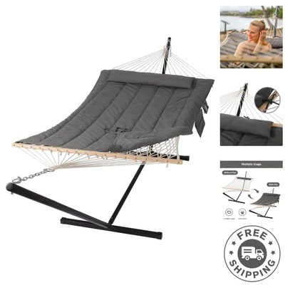 Hamaca para dos con almohada de apoyo y soporte de fácil montaje - gris oscuro Foto 1 de 4