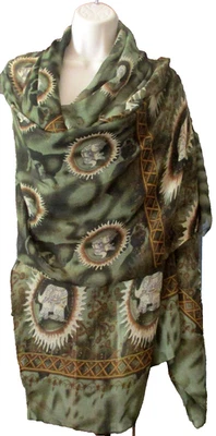 NUEVO CON ETIQUETAS D&Y Verde Oliva/Marfil/Marrón Elefantes 38" x 68" Bufanda Mantón Ligero Foto 1 de 4