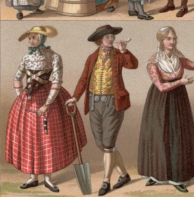 DUTCH COUNTRY LIFE & COSTUME - Vestido folclórico holandés Racinet 1888 estampado antiguo Foto 1 de 2