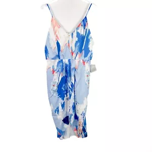NWT Chelsea28 Faux Wrap Blue Watercolor Floral Print Dress Sleeveless Size 14 - Picture 1 of 13