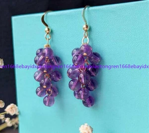 6mm Natural Purple Amethyst Round Gems Beads Grape Eardrop Gold Hook Earrings - Picture 1 of 12