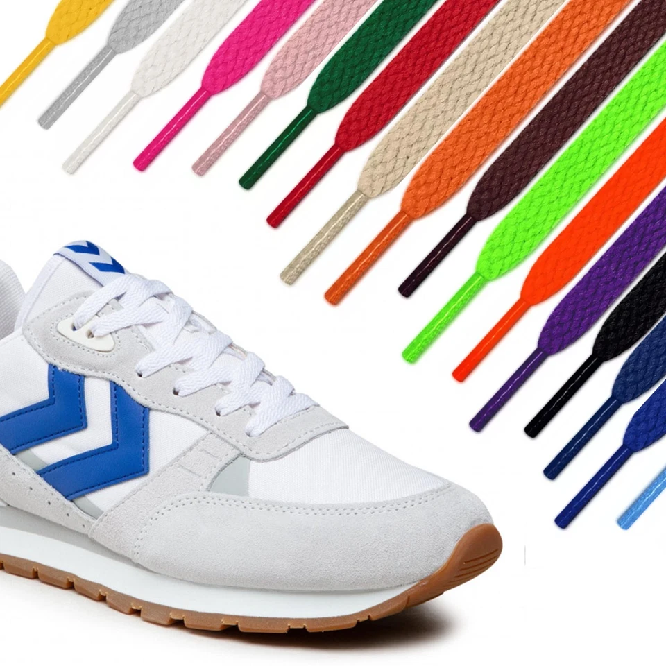 Flat Shoe Laces for Trainers or Boots Shoes 8mm Wide Black White or Colour Laces - Image 1 of 4