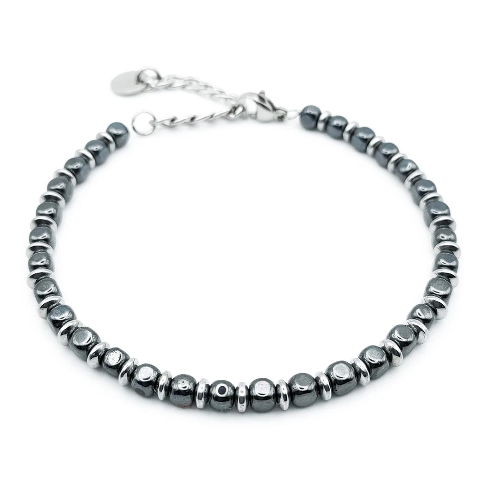 Bracciale Uomo Ematite Antracite e Argento in Acciaio Braccialetto Pietre Dure - Immagine 1 di 4