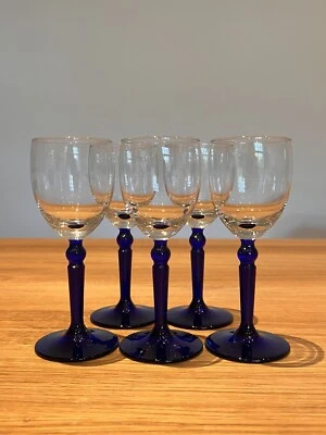Vintage Five 70s High Stem Cobalt Blue Wine Glasses - Excellent Condition - Image 1 of 4