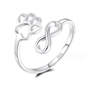 Dog Cat Claw Paw Print Love Infinity Heart Adjustable Ring 925 Sterling Silver - Picture 1 of 3