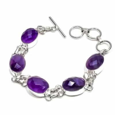 Purple Amethyst Gemstone Handmade 925 Sterling Silver Jewelry Bracelet Size 7-8" - Image 1 of 2