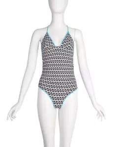 Fendi Vintage Aqua Black and White Zucca Monogram FF Logo One Piece Swimsuit - Picture 1 of 8
