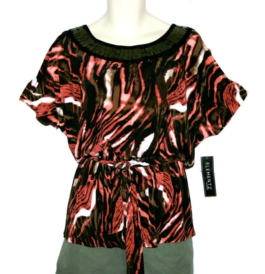 Elementz Plus 2X Womens Blouse Black Print Embellished Smocked Waist Belted NWT - Image 1 of 3