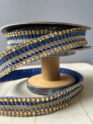 D. Stevens Luxury Ribbon Blue Velvet With Gold Filigree And Gems 1.5” X 10 Yds - Image 1 of 4