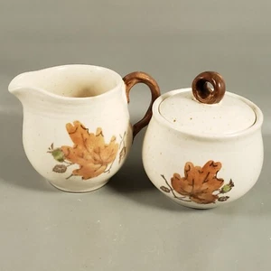Vintage METLOX Poppytrail WOODLAND GOLD Leaf Speckled Pottery Creamer Sugar Set - Picture 1 of 16