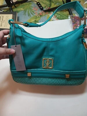 JLO Blue Hobo Handbag With Gold Metal And Cheetah Interior - Image 1 of 4