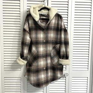 Lucky Brand rosa braun karierte Kapuzenjacke Sherpa Coatigan Taschen Gr. M - Bild 1 von 15