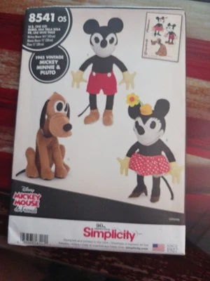 Simplicity Pattern 8541 One Size Vintage Stuffed Mickey Minnie Mouse Pluto UNCUT - Image 1 of 3
