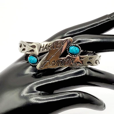 Harley Davidson ® Turquoise Stones Embossed Flames Silver Tone Cuff Bracelet - Image 1 of 4