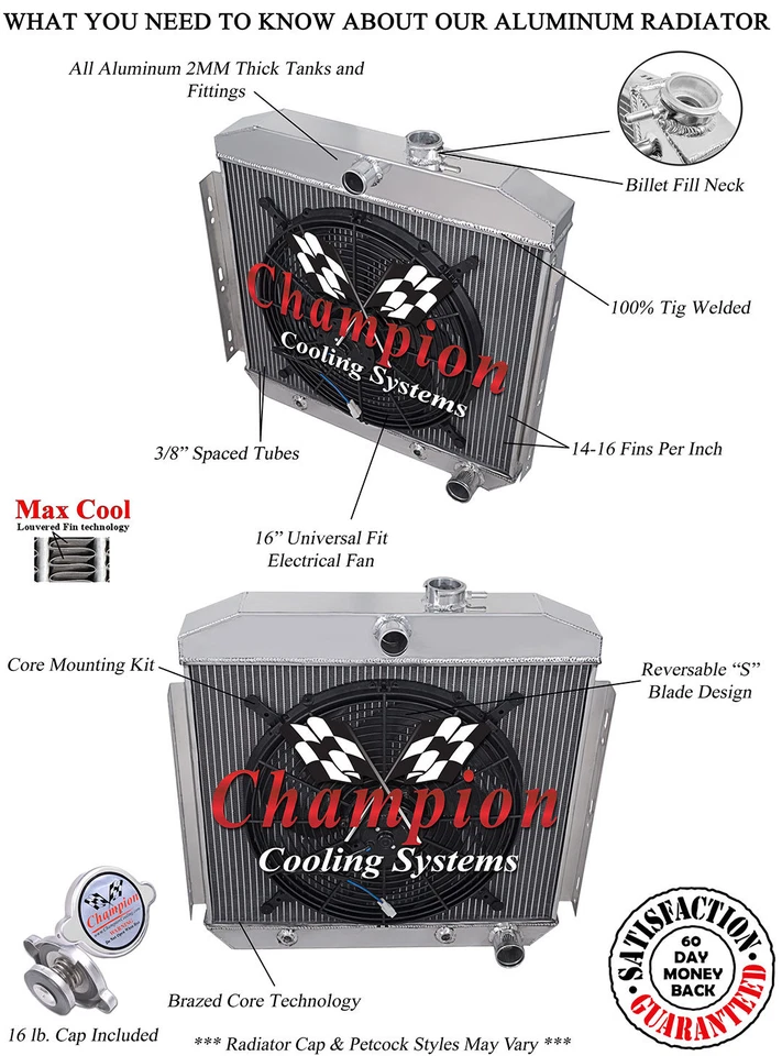 Radiador de tubos ER 2 filas 1", ventilador de 16", Chevrolet Bel Air 1956 montaje de 6 cilindros Foto 1 de 4
