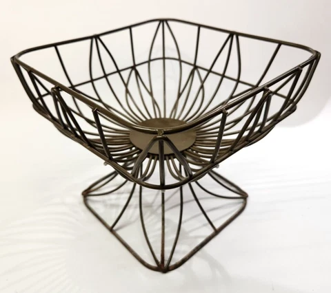 Vintage Square Bronze Colored Metal Wire Fruit Bowl Basket w/ Pedestal MCM? 7X8 Cover