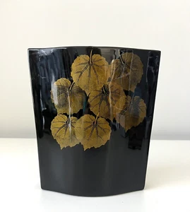VINTAGE STUNNING GLOSSY BLACK LACQUERWARE WOODEN VASE GOLD LEAVES IKEBANA - Picture 1 of 6