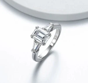 Moissanite Emerald 2 Carat Trilogy Sterling Silver 925 Ring Engagement Diamond - Picture 1 of 6