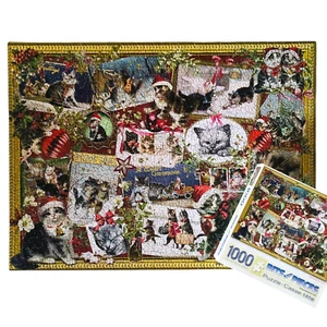 COMPLETE Christmas Cats 1000 Pc Puzzle Vintage Victorian Ephemera Bits And Piece - Picture 1 of 7