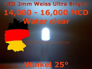LED 3mm Weiß Klar Ultrahell, MCD 14000-16000! 25°, 3.2V - Bild 1 von 1