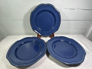 3 DINNER PLATES Vintage Mikasa Venetian Solid Blue 10 7/8" Plate Scroll Border - Picture 1 of 6