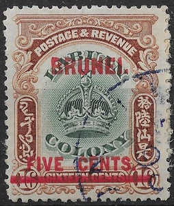 Brunei 1906 SG 16 | 5 cents on 16 cents green & brown | Fine used | Cat £75 - Picture 1 of 2
