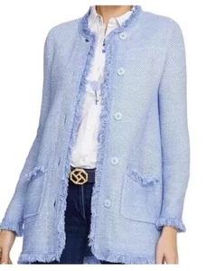 J. McLaughlin Lexa Knit Fringe Trim Coastal Blue Sweater Cardigan Jacket XS EUC - Picture 1 of 7