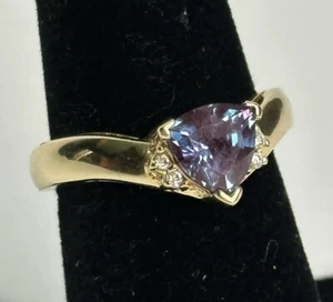 14K Gelbgold Solitär Ring mit Trillion Cut Tansanit und Diamanten Größe 7US - Bild 1 von 5