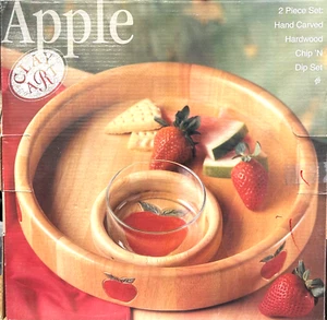 Ton Kunst Apfel 2 Stück Handgeschnitzt Hartholz Chip 'N Dip Set, Glas Dip Schale - Bild 1 von 6