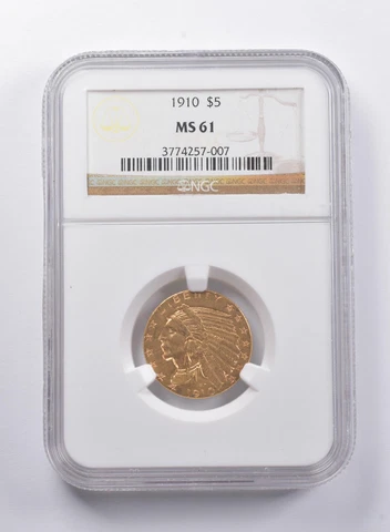 MS61 1910 $5 Indian Head Gold Half Eagle NGC *6727 Cover
