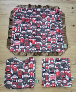 Cozy Wozy 3 pc Sock Monkey Minky Security Blanket Lovey Bib Burp Cloth Set Lot - Picture 1 of 8