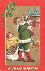 Frohe Weihnachten grün Anzug Weihnachtsmann hängende Strümpfe geprägte Postkarte - Bild 1 von 2