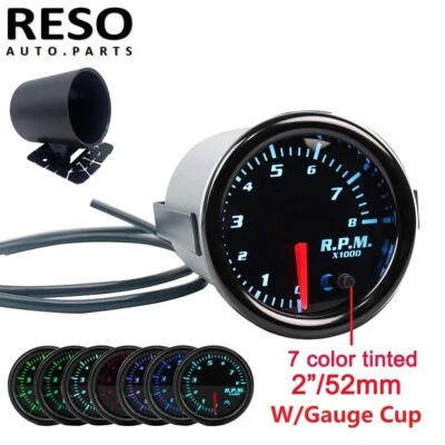 2" 52mm Tacho Gauge W/Cup 7 Color LED Tachometer Tacho Gauge Meter 0~8 RPM - Image 1 of 4