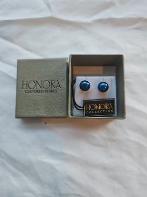 Aretes HONORA 9MM Azul Oscuro Perla Cultivada Plata de Ley 925 NUEVOS EN CAJA Foto 1 de 3
