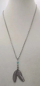 Collana Vintage Nativi Americani Doppio Ciondolo Piuma Lega Argento 18” - Foto 1 di 6