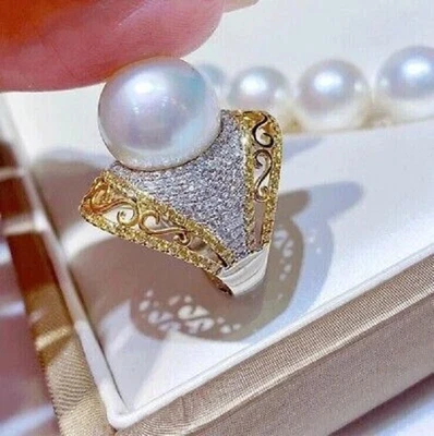 Anillo solitario de perlas de corte redondo de 16 mm enchapado en oro amarillo de 14 quilates Foto 1 de 4