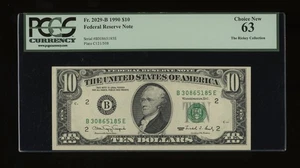 DBR 1990 $10 FRN New York Fr. 2029-B PCGS 63 Serial B30865185E - Picture 1 of 2