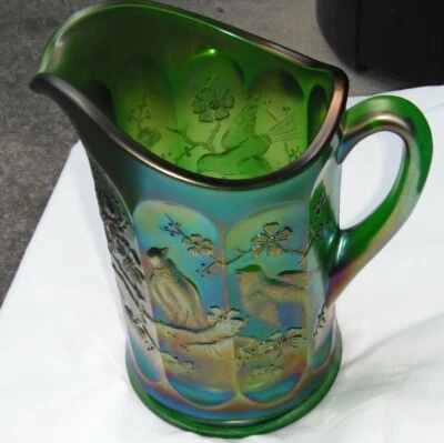 Singing Birds Pitcher--Green..super pretty Northwood carnival..old 787--cxb - Image 1 of 4