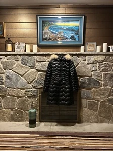 Dawn Levy Glossy Black Down Winter Jacket Coyote Trim Hooded Long Puffer Coat Sm - Picture 1 of 24