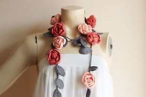 Rose Scarf-Salmon and Gray Crochet Scarf-Rose Necklace-Crochet Neckwarmer