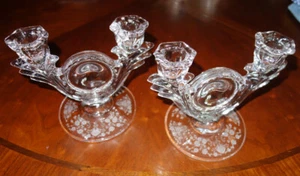 Vintage 1937 Duncan Miller Blown Glass Double Candle Holder First Love Pattern - Picture 1 of 5