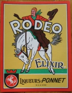 'Rodeo elixer' licor 1942 etiqueta de botella francesa, vaquero y caballo - Imagen 1 de 1