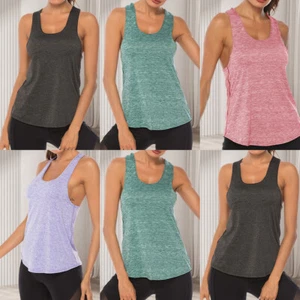Women's Summer Solid Color Sleeveless Round-neck Split Back Sport Tank Tops - Picture 1 of 16